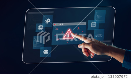 Cybersecurity risk alert displays digital threat as hand touches glowing red system warning icon on futuristic screen showing data security information and AI technology for safety Cybersecurity risk alert displays digital threat as hand touches glowing red system warning icon on futuristic screen showing data security information and AI technology for safety 135907972