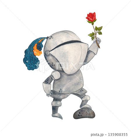 Knight in armor with a raised hand holding a red rose. Watercolor illustration, hand drawn, cartoon. Drawing for cards, stickers, scrapbooking. Middle Ages, history, tournament, battle, competition Knight in armor with a raised hand holding a red rose. Watercolor illustration, hand drawn, cartoon. Drawing for cards, stickers, scrapbooking. Middle Ages, history, tournament, battle, competition 135908355