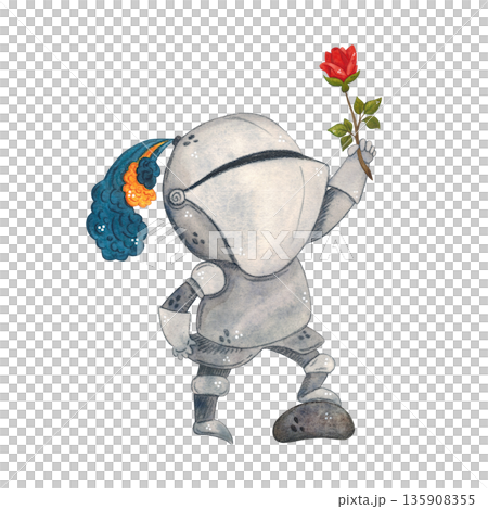 Knight in armor with a raised hand holding a red rose. Watercolor illustration, hand drawn, cartoon. Drawing for cards, stickers, scrapbooking. Middle Ages, history, tournament, battle, competition Knight in armor with a raised hand holding a red rose. Watercolor illustration, hand drawn, cartoon. Drawing for cards, stickers, scrapbooking. Middle Ages, history, tournament, battle, competition 135908355