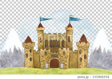Medieval castle against the backdrop of mountains on a green field. Watercolor illustration hand drawn, cartoon. Drawing for cards, stickers, scrapbooking. Middle Ages, history, tournament 135908358