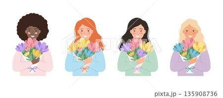 Set of 4 diverse women holding flower bouquets. Flat vector illustration for Womens Day celebration Set of 4 diverse women holding flower bouquets. Flat vector illustration for Womens Day celebration 135908736