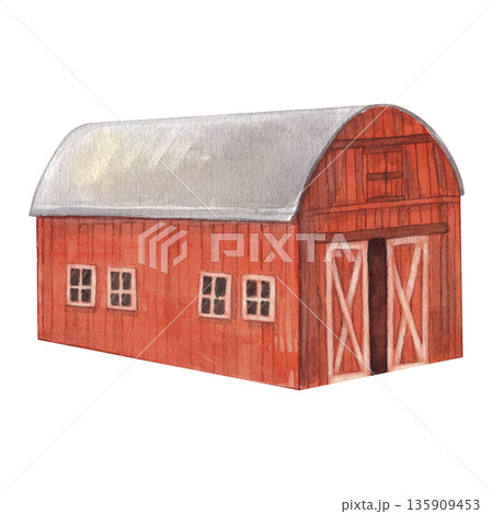 Red barn with curved roof, wooden walls, windows and doors. Watercolor illustration of farm building on white background. The Ranch. Ideal for poster, books, packaging, nursery decor, design projects. 135909453