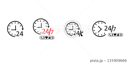 Round Clock Icons Representing Service And Around-The-Clock Support. 135909666
