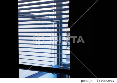 Interior view of horizontal window blinds with soft daylight and shadows, and a large dark area providing copy space. 135909693