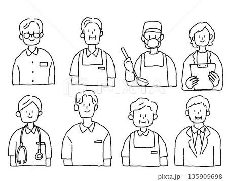 福祉、医療、介護のイラスト（介護士、ヘルパー、ケアマネ、看護師）、線画、 135909698