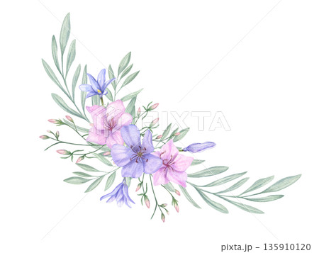 Spring floral template with lilac, pink flowers, green foliage. Watercolor wildflowers with leaves illustration on isolated background. Hand painted botanical composition for Easter, wedding cards. Spring floral template with lilac, pink flowers, green foliage. Watercolor wildflowers with leaves illustration on isolated background. Hand painted botanical composition for Easter, wedding cards. 135910120