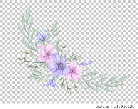 Spring floral template with lilac, pink flowers, green foliage. Watercolor wildflowers with leaves illustration on isolated background. Hand painted botanical composition for Easter, wedding cards. Spring floral template with lilac, pink flowers, green foliage. Watercolor wildflowers with leaves illustration on isolated background. Hand painted botanical composition for Easter, wedding cards. 135910120