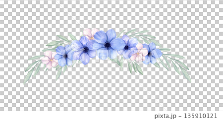 Watercolor delicate blue, pink anemone flowers with green leaves horizontal composition on isolated background. Spring bouquet. Floral template for birthday invitation, Easter greeting cards. Watercolor delicate blue, pink anemone flowers with green leaves horizontal composition on isolated background. Spring bouquet. Floral template for birthday invitation, Easter greeting cards. 135910121