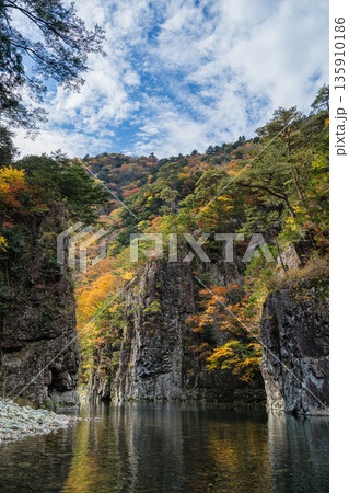 日本 広島県山県郡安芸太田町にある峡谷、三段峡の黒淵の渡し舟から眺める岩壁と紅葉した木々 日本 広島県山県郡安芸太田町にある峡谷、三段峡の黒淵の渡し舟から眺める岩壁と紅葉した木々 135910186