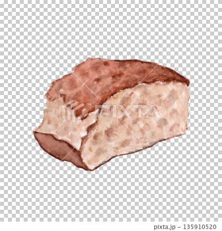 Rustic bread piece isolated on white. Watercolor illustration for Christian design, church devotion, sermon slides, reflective layouts. Fasting season, Lent, Great Fast, humility, spiritual simplicity 135910520