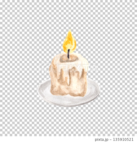 Short candle with melted wax isolated, symbol of prayer, silence, inner reflection during Lent season. Minimal watercolor illustration for Christian design, church media, devotional, spiritual content 135910521
