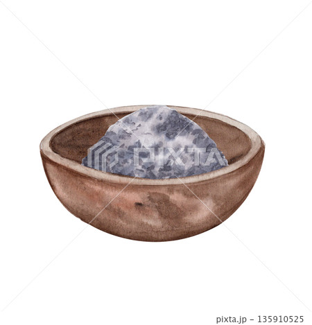 Bowl with ashes isolated on white, symbol of humility, repentance, mortality for Lent season. Watercolor illustration for Christian design, church graphics, devotional projects, spiritual reflection 135910525