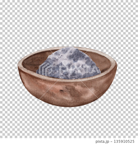 Bowl with ashes isolated on white, symbol of humility, repentance, mortality for Lent season. Watercolor illustration for Christian design, church graphics, devotional projects, spiritual reflection 135910525