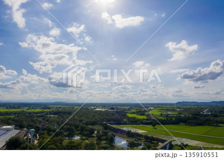 Landscape in the open blue sky day with beautiful white cloud nature background, idea for website or wallpaper background. 135910551