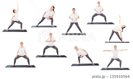 pregnant woman is engaged in yoga. Elongated Triangle Pose or Utthita Trikonasana pregnant woman is engaged in yoga. Elongated Triangle Pose or Utthita Trikonasana 135910564