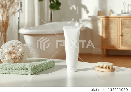 Mock up for promotional with a white cosmetic tube without label placed on white bathroom table, in back is some bathroom stocks like tub and cabinet. Empty space for advertising and adding text 135911020
