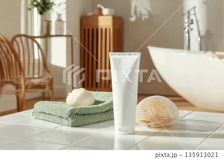 Mock up for promotional with a white cosmetic tube without label placed on white bathroom table, in back is some bathroom stocks like tub and cabinet. Empty space for advertising and adding text 135911021