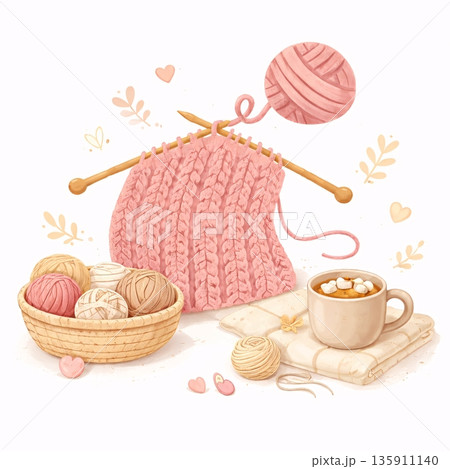 編み物とカップのイラスト 135911140