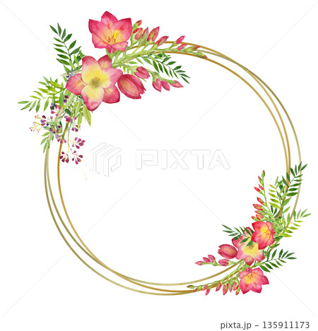wreath with green leaves and red freesia flower in a gold round frame. Watercolor floral illustration 135911173