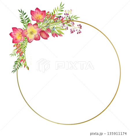 wreath with green leaves and red freesia flower in a gold round frame. Watercolor floral illustration 135911174