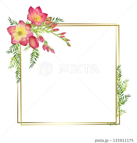Watercolor illustration Square frame with green leaves and red freesia bouquet, branch with buds . 135911175