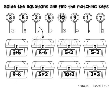 Math puzzle for kids - solve the equations and find matching keys for treasure chests Math puzzle for kids - solve the equations and find matching keys for treasure chests 135911597