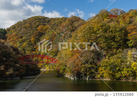 日本 広島県庄原市東城町にある帝釈峡 神龍湖に流入する帝釈川にかかる桜橋と紅葉 日本 広島県庄原市東城町にある帝釈峡 神龍湖に流入する帝釈川にかかる桜橋と紅葉 135912080