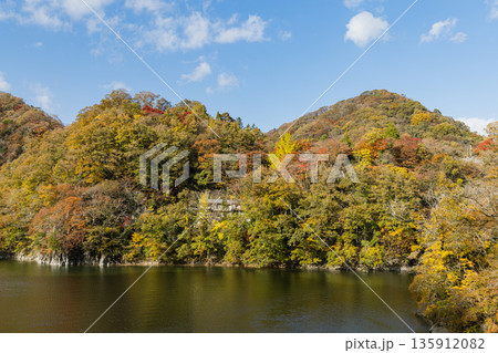 日本　広島県庄原市東城町にある帝釈峡　ダム湖である神龍湖と紅葉した木々 135912082