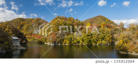 日本　広島県庄原市東城町にある帝釈峡　ダム湖である神龍湖と紅葉した木々 135912084