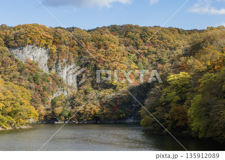 日本 広島県庄原市東城町にある帝釈峡 ダム湖である神龍湖と紅葉した木々 日本 広島県庄原市東城町にある帝釈峡 ダム湖である神龍湖と紅葉した木々 135912089
