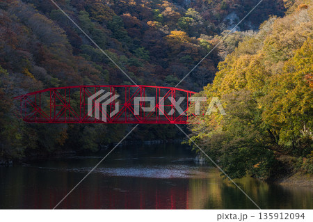 日本　広島県庄原市東城町にある帝釈峡　神龍湖に流入する帝釈川にかかる神龍橋と紅葉 135912094