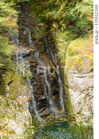 日本　広島県山県郡安芸太田町にある三段峡の姉妹滝と紅葉した木々 135912149