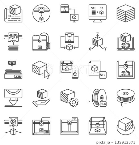 3D Printing Technology outline icons set - Additive Manufacturing concept 3D Printer symbols 135912373