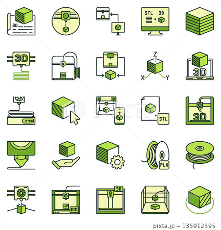 Additive manufacturing colored icons set - 3D Printer and Printing Technology concept signs Additive manufacturing colored icons set - 3D Printer and Printing Technology concept signs 135912395