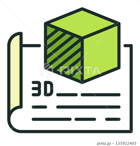 Green Printed Cube on Paper vector 3D Printing colored icon or design element 135912403