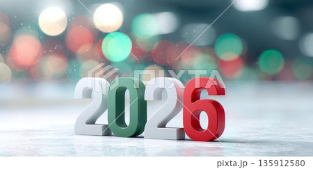 The year 2026 is displayed in colorful numbers on an ice rink, symbolizing the upcoming international winter sports competitions in Italy. 135912580