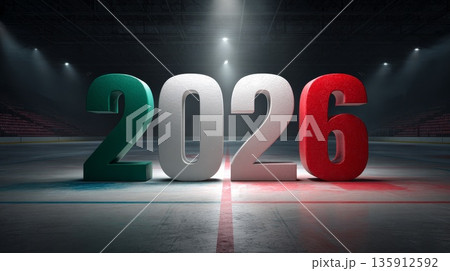 Large colorful numbers '2026' on an ice rink, symbolizing the upcoming winter sports competitions in Italy. The scene is illuminated with dramatic lighting. 135912592