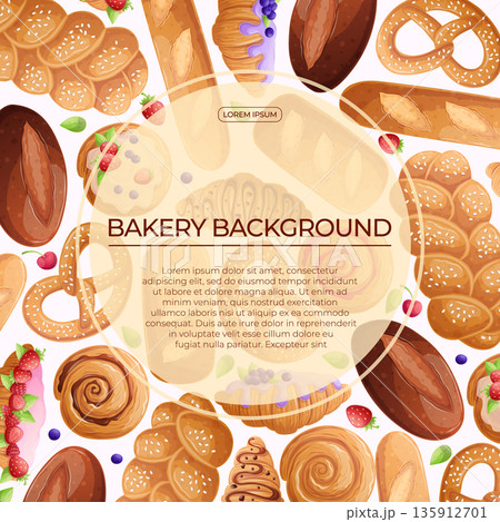 Colorful background with delicious bakery pastries on a white background. The concept of confectionery, baking, cooking. Vector illustration for the design of posters, flyers, postcards, invitations Colorful background with delicious bakery pastries on a white background. The concept of confectionery, baking, cooking. Vector illustration for the design of posters, flyers, postcards, invitations 135912701