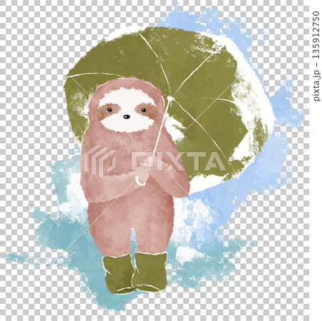 Cute baby sloth with green umbrella hand drawn illustration. Fall season art. Rainy days watercolor drawing Cute baby sloth with green umbrella hand drawn illustration. Fall season art. Rainy days watercolor drawing 135912750