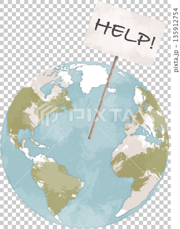 Planet Earth with help sign hand drawn illustration. Climate change concept. Global warming art. Environmental challenges concept art 135912754