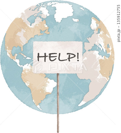 Planet Earth with help sign hand drawn illustration. Climate change concept. Global warming art 135912755