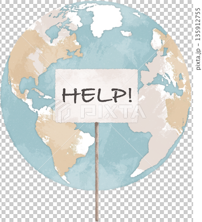 Planet Earth with help sign hand drawn illustration. Climate change concept. Global warming art 135912755