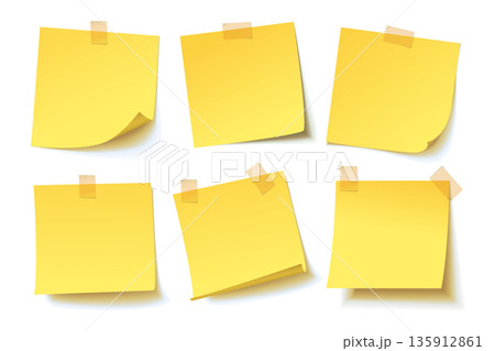 Set of yellow sticky notes with tape on white background Set of yellow sticky notes with tape on white background 135912861