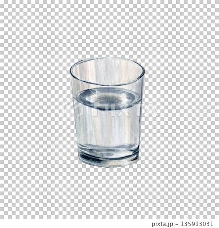 Glass of water isolated on white. Minimal watercolor illustration for Christian design, church graphics, devotional layouts, spiritual reflection content. Simplicity, purity fasting, Lent season 135913031