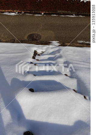 雪に覆われた冬の園路階段と静寂を感じるガーデン風景 雪に覆われた冬の園路階段と静寂を感じるガーデン風景 135913088
