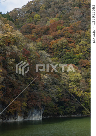 日本 広島県庄原市東城町にある帝釈峡 ダム湖である神龍湖と紅葉した木々 日本 広島県庄原市東城町にある帝釈峡 ダム湖である神龍湖と紅葉した木々 135913663