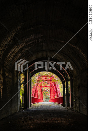 日本　広島県庄原市東城町にある帝釈峡　神龍湖に流入する帝釈川にかかる桜橋と紅葉 135913669