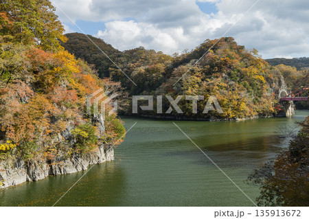 日本　広島県庄原市東城町にある帝釈峡　ダム湖である神龍湖と紅葉した木々 135913672