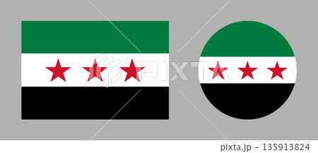 Syria country round, rectangular flags. New circular icon national flag of Syrian Arab republic. Set of Syria flag in circle, rectangle shapes button, badge, banner. 135913824