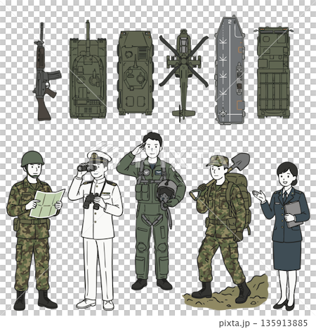 自衛隊の隊員と戦車・戦闘機・護衛艦などの兵器イラストセット 135913885